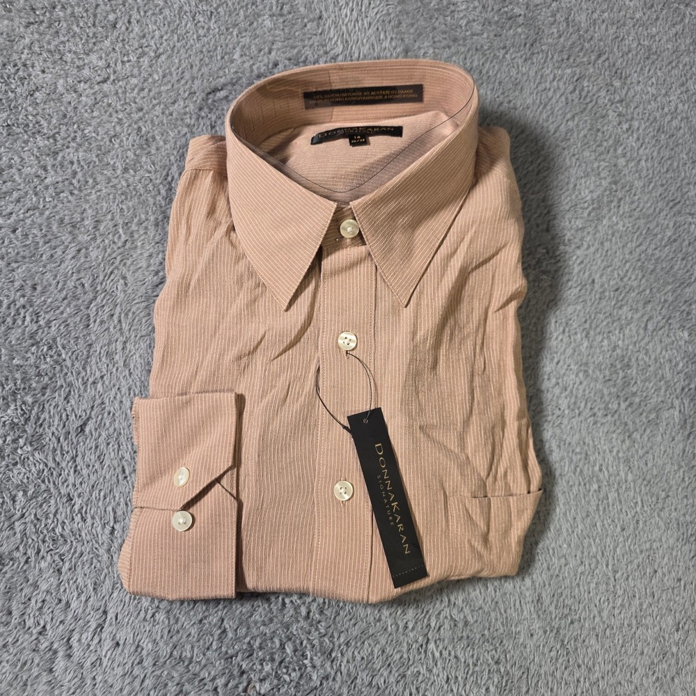 Donna Karan Mens 16 32/33 Dress Shirt Bisque Tan Textured Stripe Rayon Blend NWT